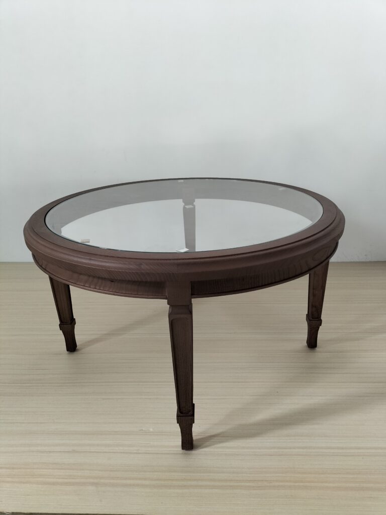 大きな框のガラス丸テーブル